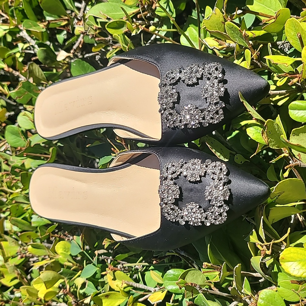 Mavirs Black Satin Slip On Mule Embellished Point Toe Rhinestone, Size 7